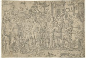 Procissão triunfante do imperador romano com soldados e armadura capturada de Marcantonio Raimondi