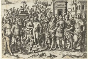 Procissão triunfal do imperador romano com soldados e armaduras saqueadas de Marcantonio Raimondi