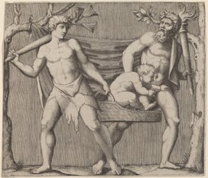 Dois faunos carregando uma criança de Marcantonio Raimondi