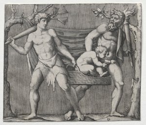 Dois faunos carregando uma criança em uma cesta de Marcantonio Raimondi