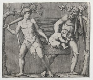 Dois Fauns carregando uma criança em uma cesta, c. 1513-1515. de Marcantonio Raimondi
