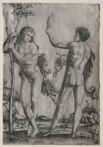 Dois homens nus ao lado de uma árvore