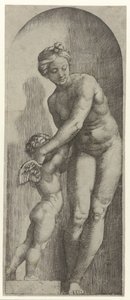 Vénus e Amor de pé na alcova de Marcantonio Raimondi