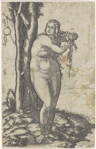 Vénus fica em frente ao mar e torce a água do seu cabelo
Nascimento de Vénus de Marcantonio Raimondi