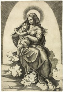 Virgem e Menino sentados nas nuvens de Marcantonio Raimondi