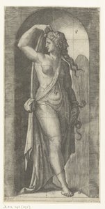 A mulher como personificação da Prudência (Prudentia) com serpente e máscara
Sete Virtudes (título da série) de Marcantonio Raimondi