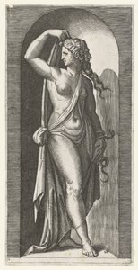 Mulher como personificação de Prudentia com cobra e máscara Sete Virtudes (título da série) de Marcantonio Raimondi