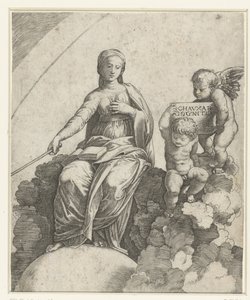 Mulher com livro e ceptro como personificação da Filosofia sentada sobre nuvens e pés descansando sobre o globo com dois putti ao seu lado de Marcantonio Raimondi
