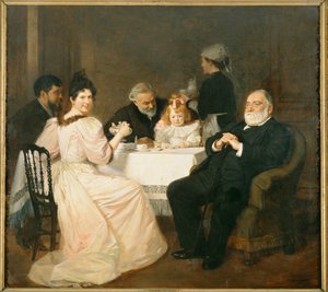 Francisque Sarcey, crítico literário, em casa da filha de Adolphe Brisson ... (pintura sobre tela) de Marcel Andre Baschet