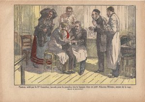Pasteur, assistido pelo Dr. Grancher, inoculou o famoso vírus pela primeira vez no pequeno mestre alsaciano, infectado com raiva, Le Pèlerin, 5/11/1922 (impresso) de Marcel Lecoultre