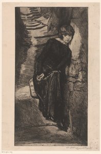 Mulher vestida de preto, encostada na parede Misère de misère (título no objeto) Garota do prazer (título da série) Fille de Joie (título da série no objeto) de Marcel Roux (signed by artist)