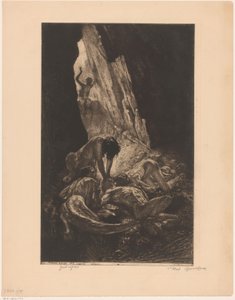 Interior de uma caverna escura com criaturas devorando um homem nu Macacos Guet (título no objeto) de Marcel Roux (signed by artist)