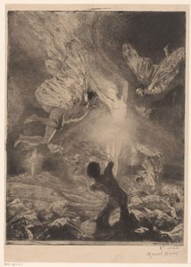 Chama na forma de uma mulher, rodeada por homens com asas a arder e a cair
Femme flamme
Rapariga do prazer (título da série)
Fille de Joïe (título da série sobre o objecto) de Marcel Roux (signed by artist)