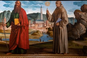 São Francisco recebendo os estigmas entre Santa Clara e Pedro, o abençoado Bartolomeu de Breganze, e São Paulo e Bernardino, detalhe