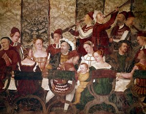 O Rei da Dinamarca Christian I num banquete organizado por Bartolomeo Colleoni. Detalhe dos convites (fresco, c.1480)