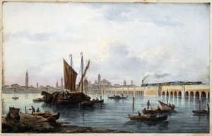 A ponte sobre a lagoa no "Álbum das principais vistas de Veneza" desenhado por Marco Moro ed. Gio Brize-Ghel n.d 1840. aproximadamente. de Marco (after) Moro