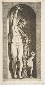 Um fauno em pé em um nicho segurando no alto um cacho de uvas com a mão direita e ..., ca. 1515-27. de Marco Dente