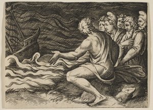 Um grupo de figuras à direita a testemunhar um naufrágio, ca. 1515-27. de Marco Dente