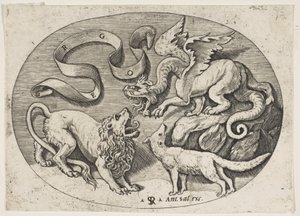 Um leão, dragão e raposa lutando entre si, uma bandeirola inscrita acima, um c..., ca. 1515-27. de Marco Dente