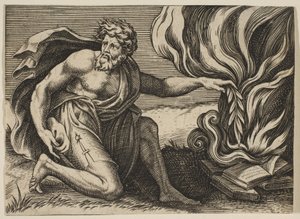 Um homem ajoelhado e colocando um galho de louro sobre uma pilha de livros em chamas, ca. 1515-27. de Marco Dente