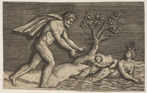 Um homem nu perseguindo uma naiad e um cupido na água, ca. 1515-27. de Marco Dente
