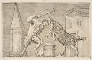 Um sátiro e um carneiro atacando um ao outro, o sátiro empunhando uma clava com a mão direita..., ca. 1515-27. de Marco Dente