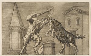 Um sátiro e um carneiro atacando um ao outro, o sátiro empunhando um bastão com a mão direita ..., ca. 1515-27. de Marco Dente