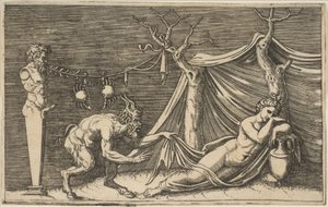Um sátiro descobrindo uma mulher adormecida, dois caranguejos pendurados em uma corda amarrada ..., ca. 1515-27. de Marco Dente
