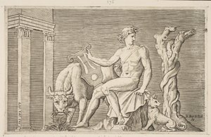 Apolo cuidando dos rebanhos de Admetus, Apolo sentado segurando uma lira e ladeado por uma ..., ca. 1515-27. de Marco Dente