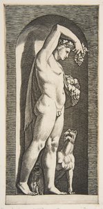 Baco em pé em um nicho segurando uvas em sua mão direita levantada, frutas em sua l ..., ca. 1515-27. de Marco Dente