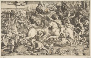 Cena de batalha em uma paisagem com soldados a cavalo e vários homens caídos, outro ..., ca. 1520 de Marco Dente