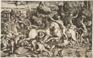Cena de batalha em uma paisagem com soldados a cavalo e vários homens caídos, outro ..., ca. 1520 de Marco Dente