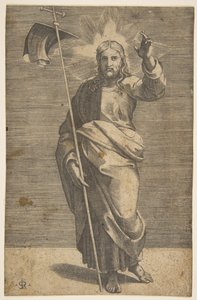 Cristo de pé virado para a frente, segurando uma cruz com um estandarte e levantando a esquerda ..., ca. 1515-27. de Marco Dente