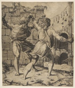 Entellus e Dares lutando na frente de ruínas clássicas, 1520-25. de Marco Dente