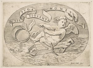 Eros Escaping by Sea, Cupido usando a sua proa para impulsionar um barco feito a partir da sua aljava com..., ca. 1515-27. de Marco Dente
