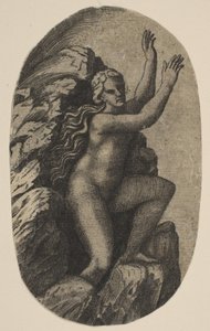 Eurídice, nu, de pé sobre uma rocha, os braços levantados para a direita, ca. 1515-27. de Marco Dente