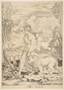 Fortitude em vista de perfil caminhando em direção a um incêndio à esquerda e liderando um lio..., ca. 1515-27. de Marco Dente