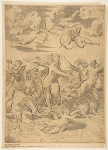 Galatea cavalgando em uma concha puxada através da água por golfinhos, um cupido abaixo ef ..., ca. 1515-27. de Marco Dente