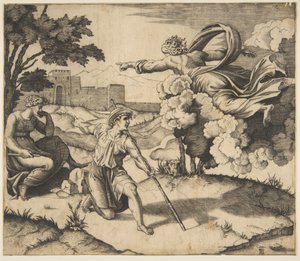 Deus aparecendo para Isaque, Deus flutuando nas nuvens apontando para Rebecca sentada embaixo ..., ca. 1515-27. de Marco Dente
