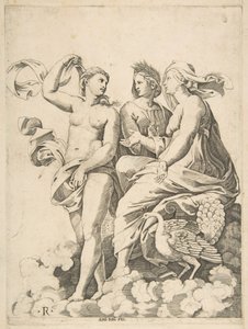 Juno, Ceres e Psique nas nuvens conversando, Juno sentado com um pavão nela ..., ca. 1515-27. de Marco Dente