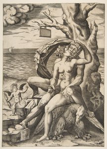Júpiter e Semele abraçando, uma águia debaixo deles, uma árvore à direita com um t..., ca. 1515-27. de Marco Dente