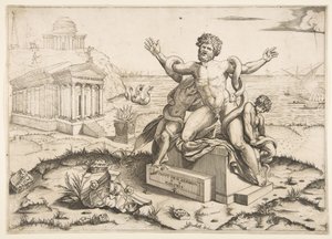Laocoon e seus dois filhos sendo atacados por serpentes em um pedestal, um templo para Mi ..., ca. 1515-27. de Marco Dente