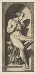 Olympus, nu, sentado no tronco de uma árvore com canos, situado dentro de um nicho, ca. 1515-27. de Marco Dente