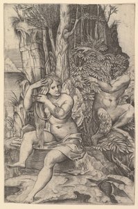 Pan espionando a ninfa Syrinx que está sentada em uma pedra, penteando os cabelos, ca. 1516-20. de Marco Dente