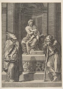 São José à esquerda e um bispo à direita diante do altar da Virgem ..., ca. 1515-27. de Marco Dente