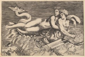 Vidro magnífico romano, um Tritão carregando uma ninfa, século XVI. de Marco Dente