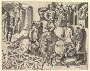 Speculum Romanae Magnificentiae: Cavaleiros Romanos Cruzando uma ponte de Trajano C..., século XVI. de Marco Dente