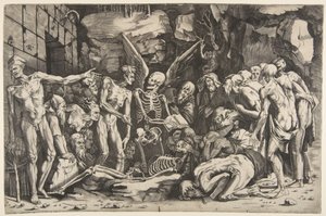 Os esqueletos, um grupo de homens e mulheres emaciados reunidos em torno de um esqueleto colocado em 1515-27. de Marco Dente