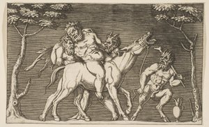 Dois sátiros colocando Silenus em uma mula e um terceiro sátiro à direita, ca. 1515-27. de Marco Dente