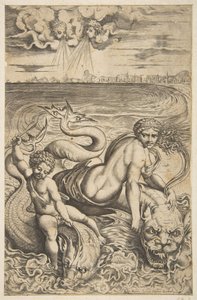 Vênus e Cupido montando dois monstros marinhos, Cupido levanta uma flecha na mão direita, t ..., ca. 1515-27. de Marco Dente